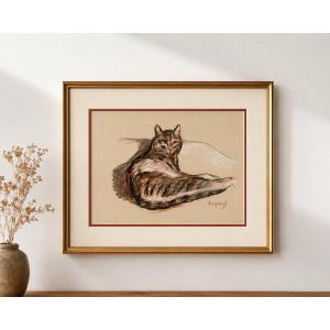 Animal Pastel – Reclining Cat, Signed Vergnaud, Circa 1950