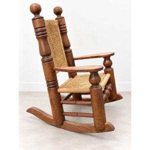 rocking-chair nord-américain en chêne massif et corde tressée — Années 1960