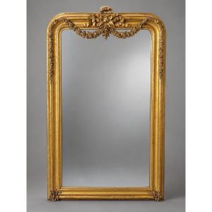 Mirror With Carved Garlands And A Bow, Wood And Gilded Stucco, Circa 1860