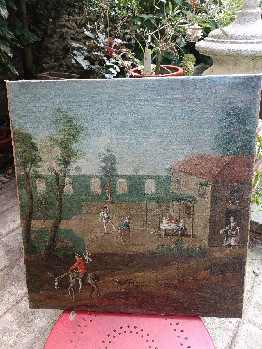 Huile sur toile XVIII siècle. Scène d'auberge.