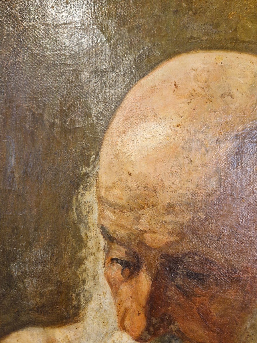 Peinture à l'Huile Sur Toile Représentant Un Philosophe à La Barbe Blanche. Signé. -photo-1