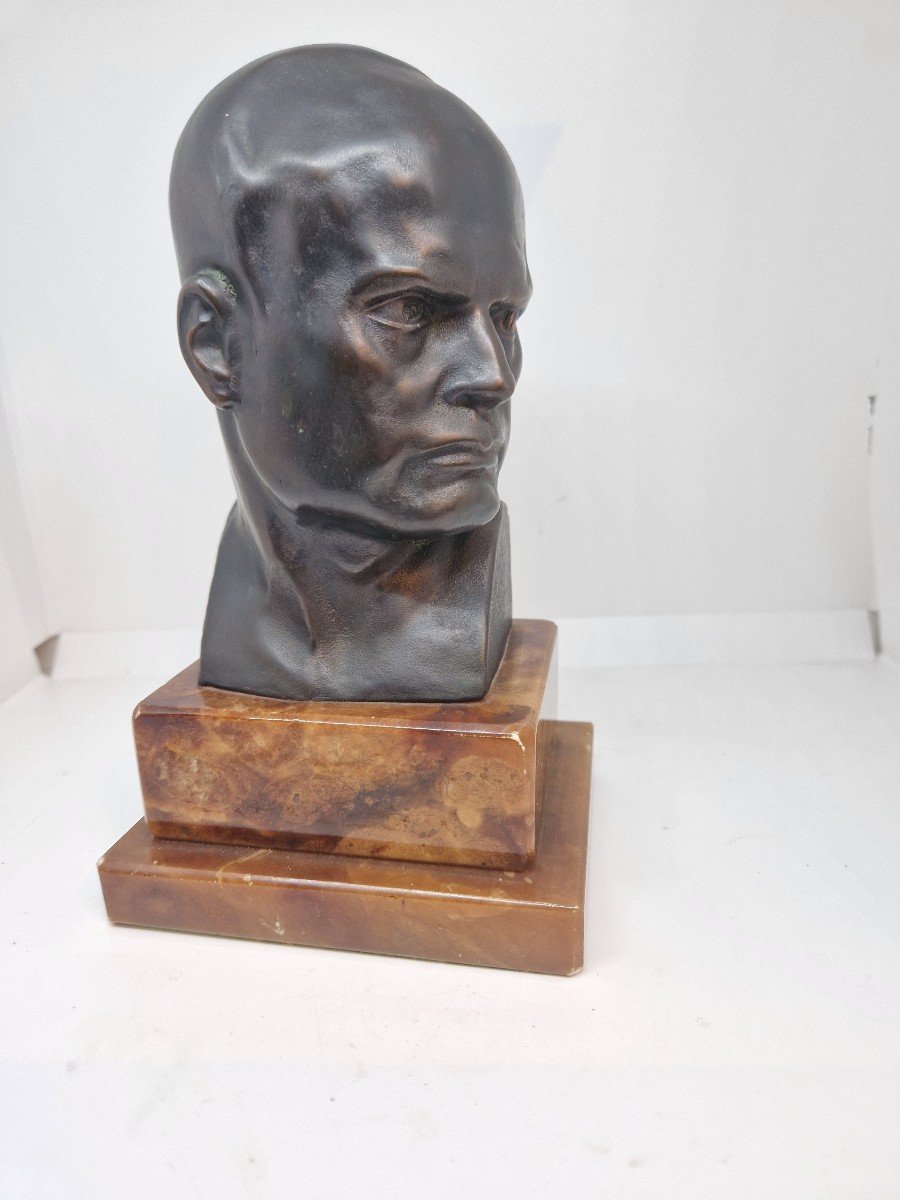  Bronze Head Of Mussolini With Marble Base. First Half Of The Twentieth Century-photo-2