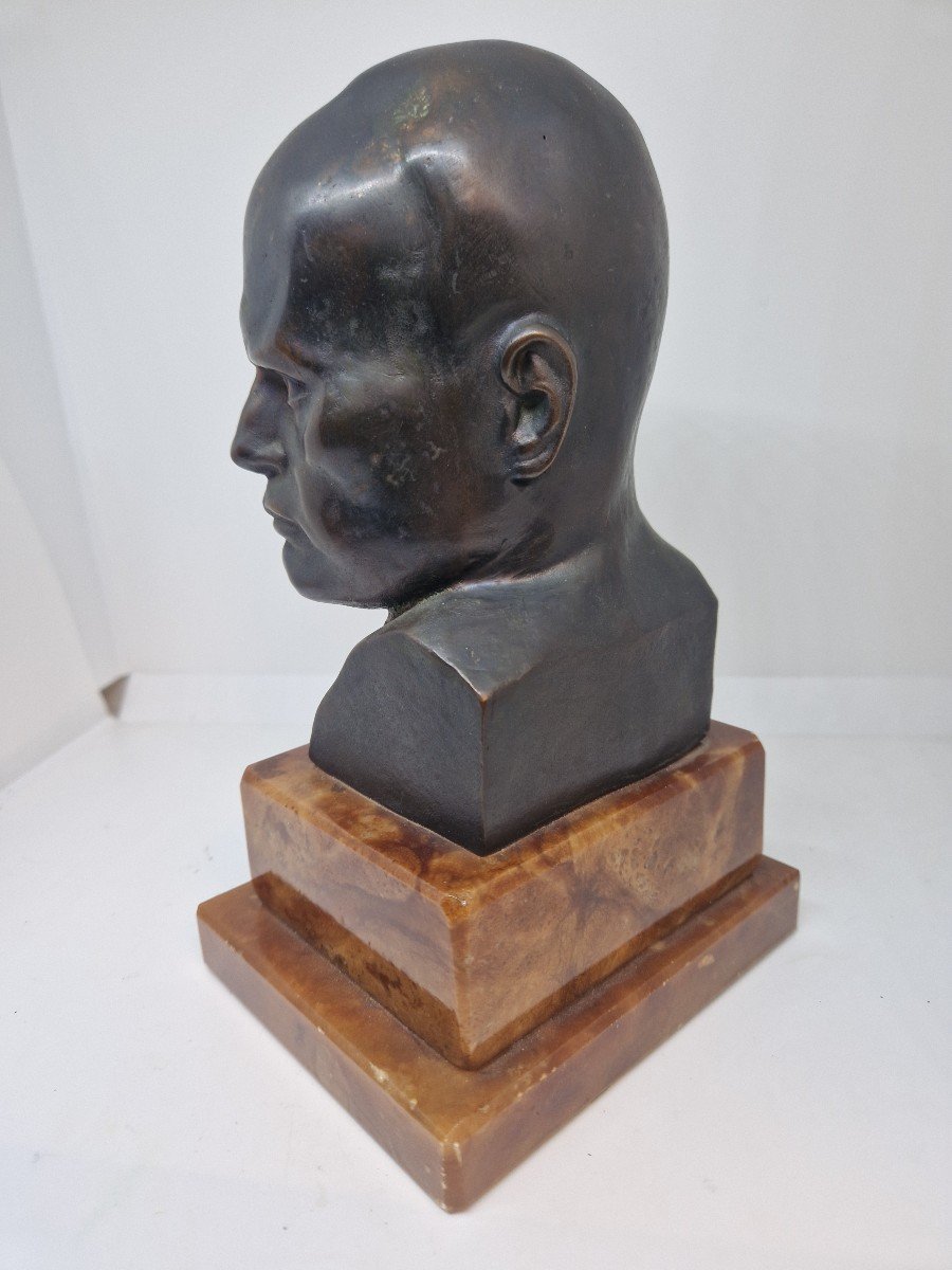  Bronze Head Of Mussolini With Marble Base. First Half Of The Twentieth Century-photo-3