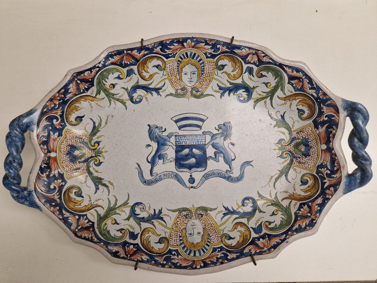 Rare Eighteenth-century Rouen Majolica Tray With Coat Of Arms