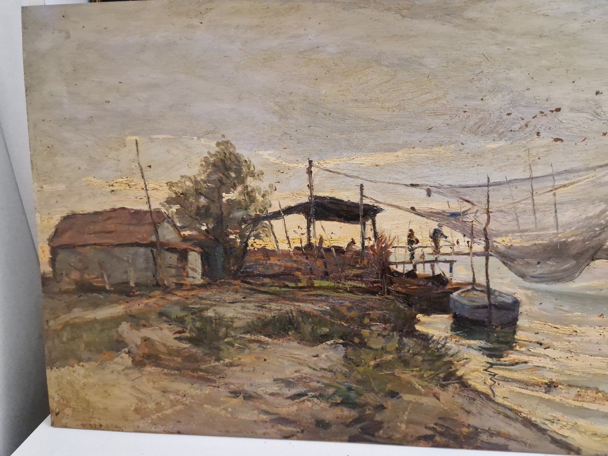 Huile Sur Panneau Représentant "courbe De Rivière Avec Pêcheurs" Signée Ferruccio Rontini-photo-2
