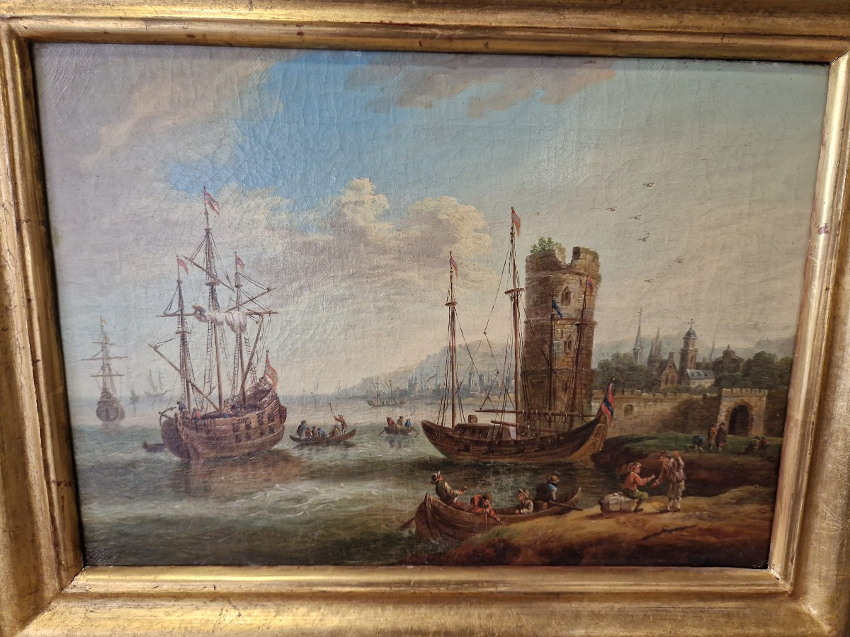 Interesting Pair Of Marine Oil Paintings On Canvas From The Late 18th Century-photo-1