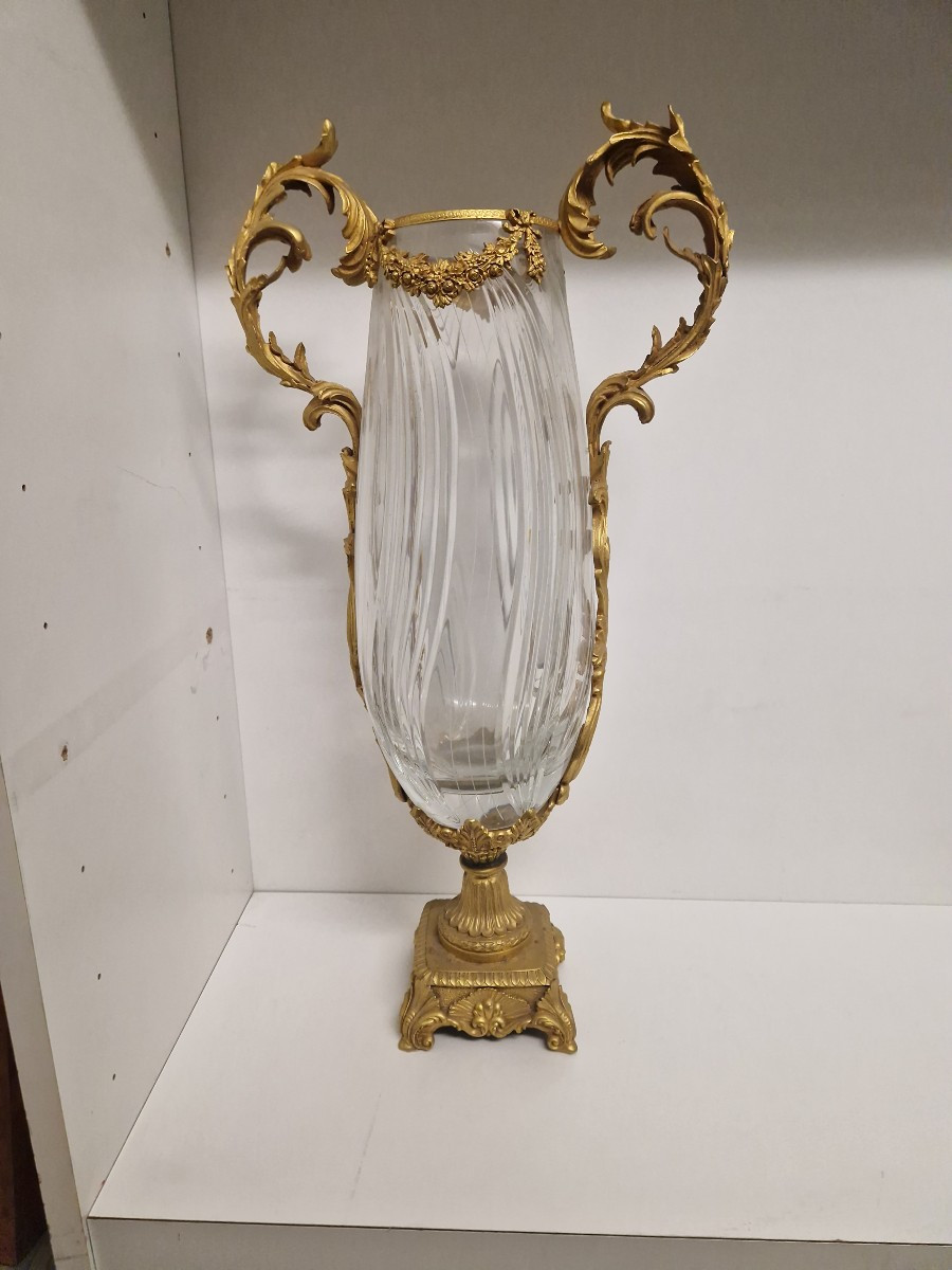 Vase Central En Cristal Taillé Et Bronze Doré, France, Début XIXe Siècle