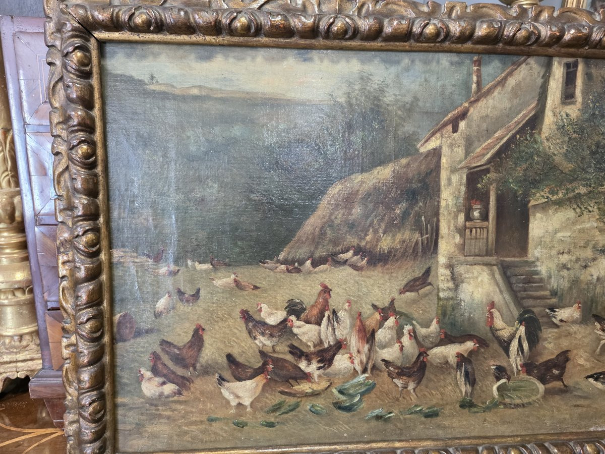Huile sur toile représentant des coqs et des poules dans une basse-cour.-photo-2