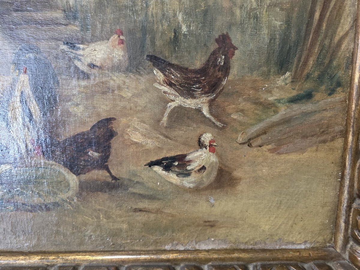 Huile sur toile représentant des coqs et des poules dans une basse-cour.-photo-1