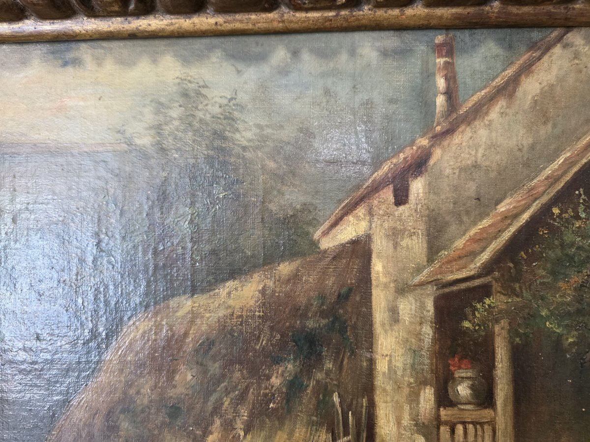 Huile sur toile représentant des coqs et des poules dans une basse-cour.-photo-4