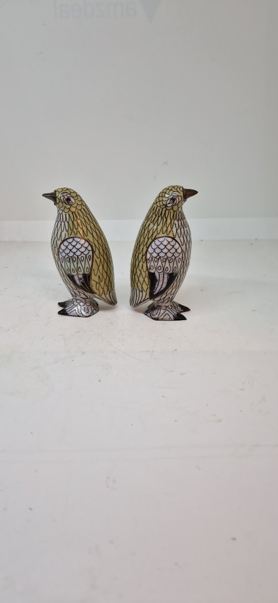 Pair Of Cloissone Enamel And Bronze Penguins. China, Early 20th Century-photo-2