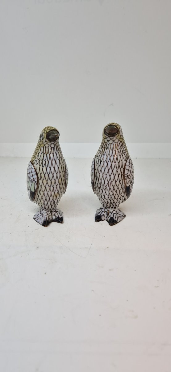 Pair Of Cloissone Enamel And Bronze Penguins. China, Early 20th Century-photo-3