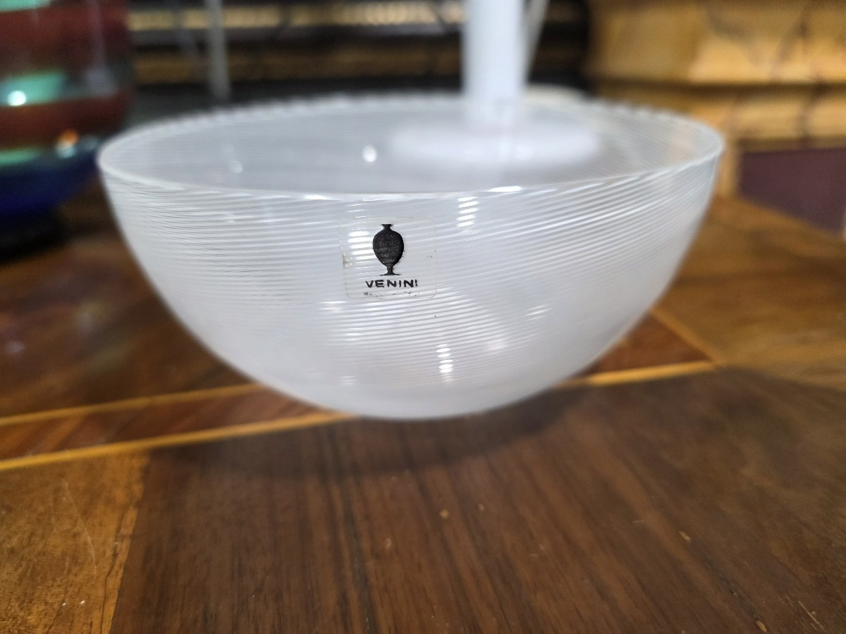 Half-filigree Milk Glass Bowl By Carlo Scarpa For Venini, 1980s