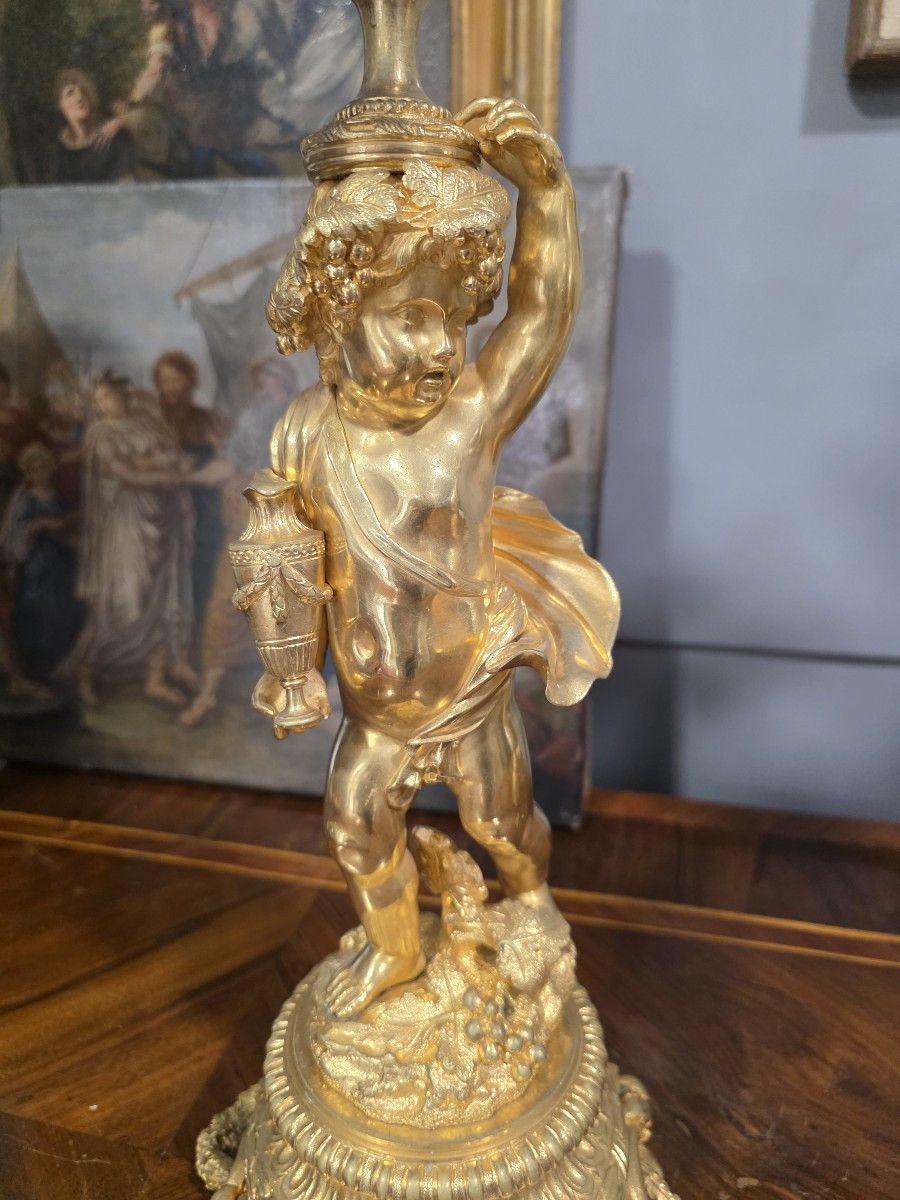 Pair Of Gilt Bronze Candelabra With Two Cherubs, France, Mid-19th Century-photo-2