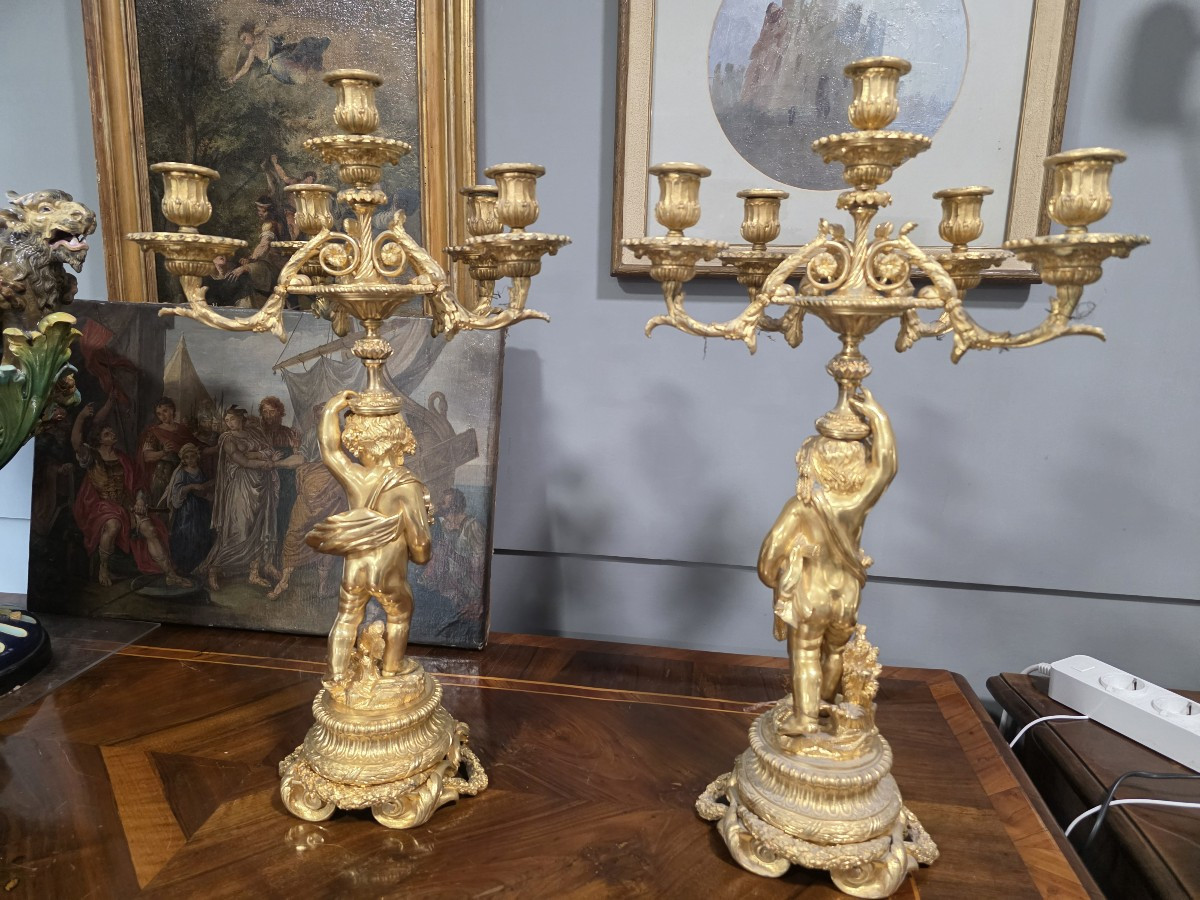 Pair Of Gilt Bronze Candelabra With Two Cherubs, France, Mid-19th Century-photo-4