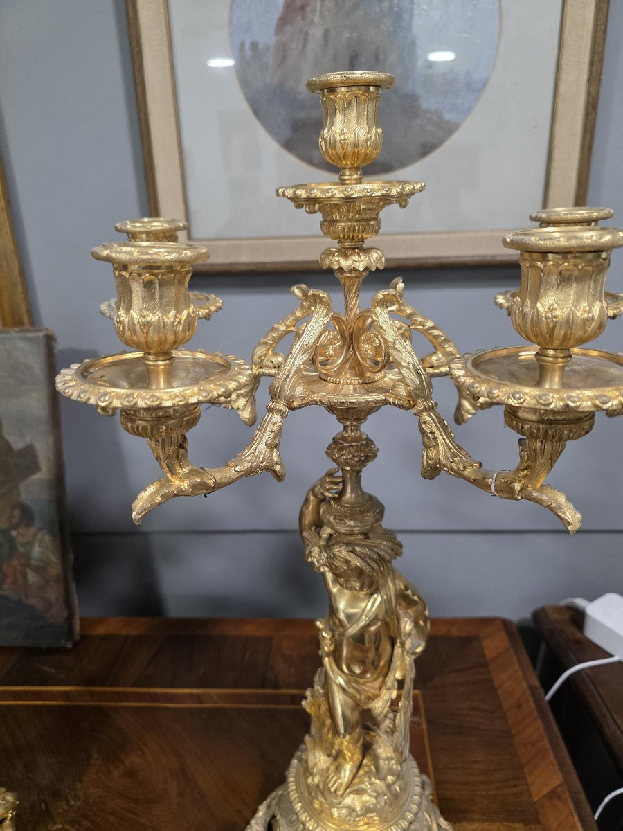 Pair Of Gilt Bronze Candelabra With Two Cherubs, France, Mid-19th Century-photo-1