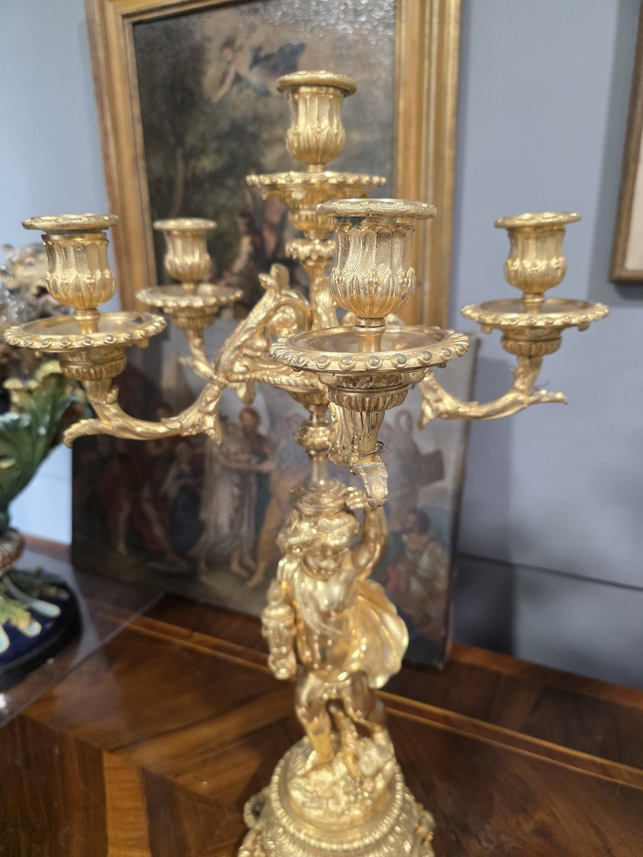 Pair Of Gilt Bronze Candelabra With Two Cherubs, France, Mid-19th Century-photo-2
