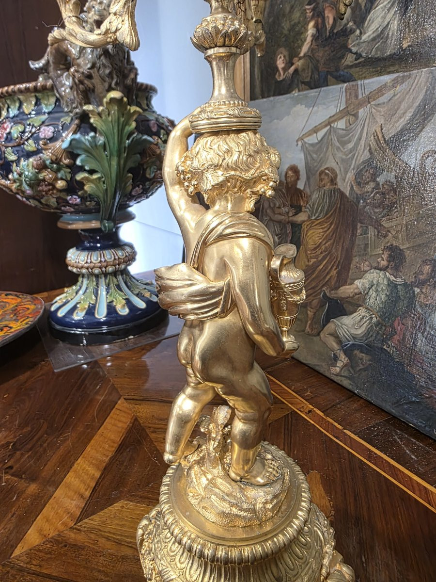 Pair Of Gilt Bronze Candelabra With Two Cherubs, France, Mid-19th Century-photo-8