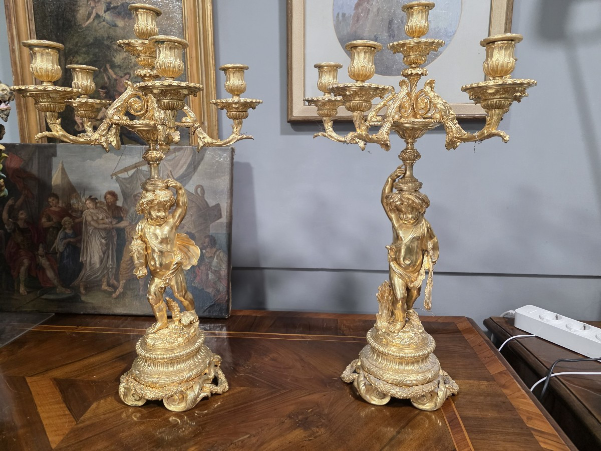 Pair Of Gilt Bronze Candelabra With Two Cherubs, France, Mid-19th Century