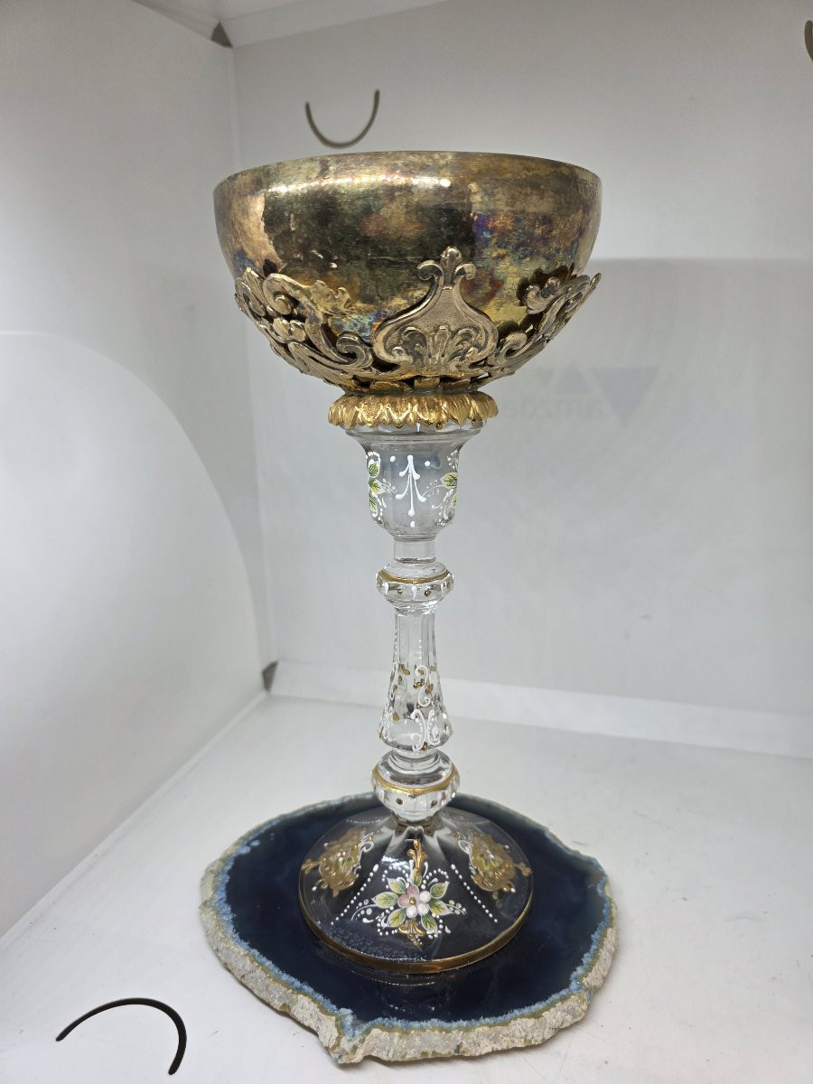 Painted Crystal Chalice And Gilded Silver Cup, Italy, 20th Century-photo-3