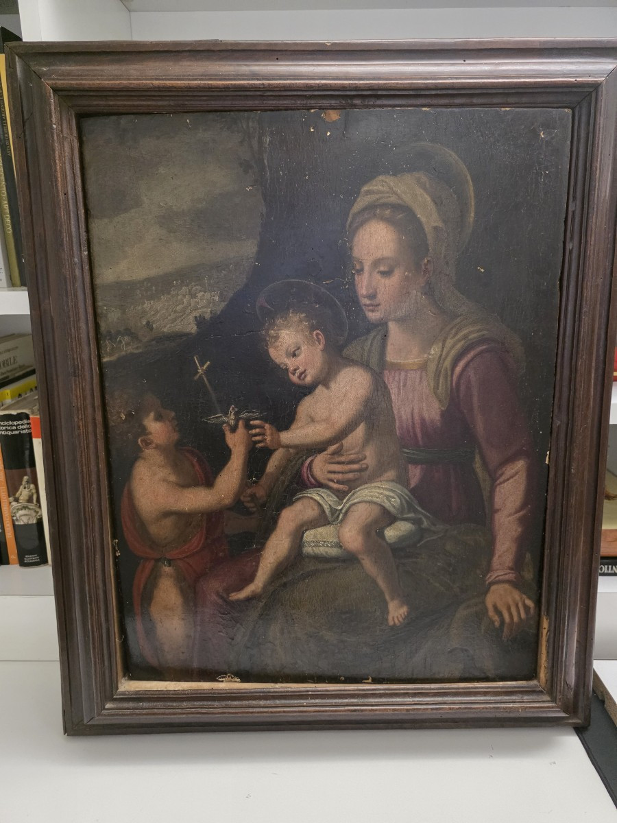 Huile sur panneau « La Vierge à l'Enfant et saint Jean-Baptiste », Italie centrale, XVIe siècle