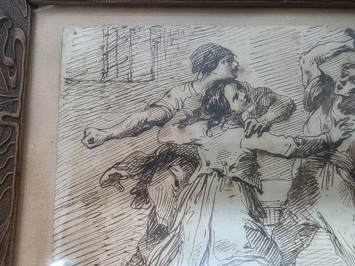Mid-19th-century Indian Ink Painting Depicting "brawl In A Tavern"-photo-3