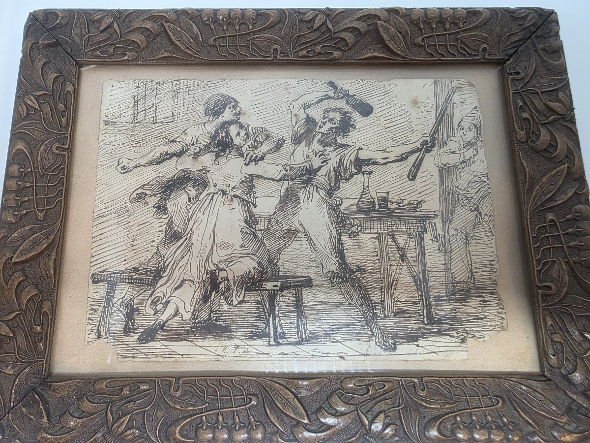 Mid-19th-century Indian Ink Painting Depicting "brawl In A Tavern"-photo-2