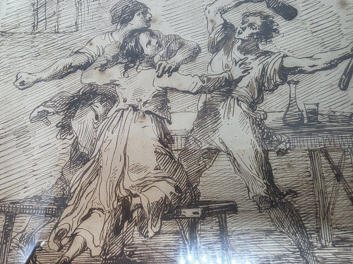 Mid-19th-century Indian Ink Painting Depicting "brawl In A Tavern"-photo-3