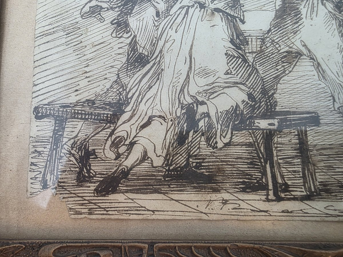 Mid-19th-century Indian Ink Painting Depicting "brawl In A Tavern"-photo-5