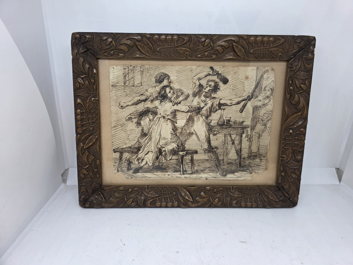 Mid-19th-century Indian Ink Painting Depicting "brawl In A Tavern"