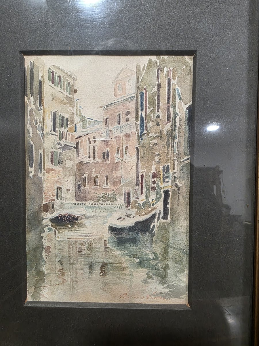 Watercolor Of A Venice Canal, Signed By Rubens Santoro, Early 20th Century-photo-2