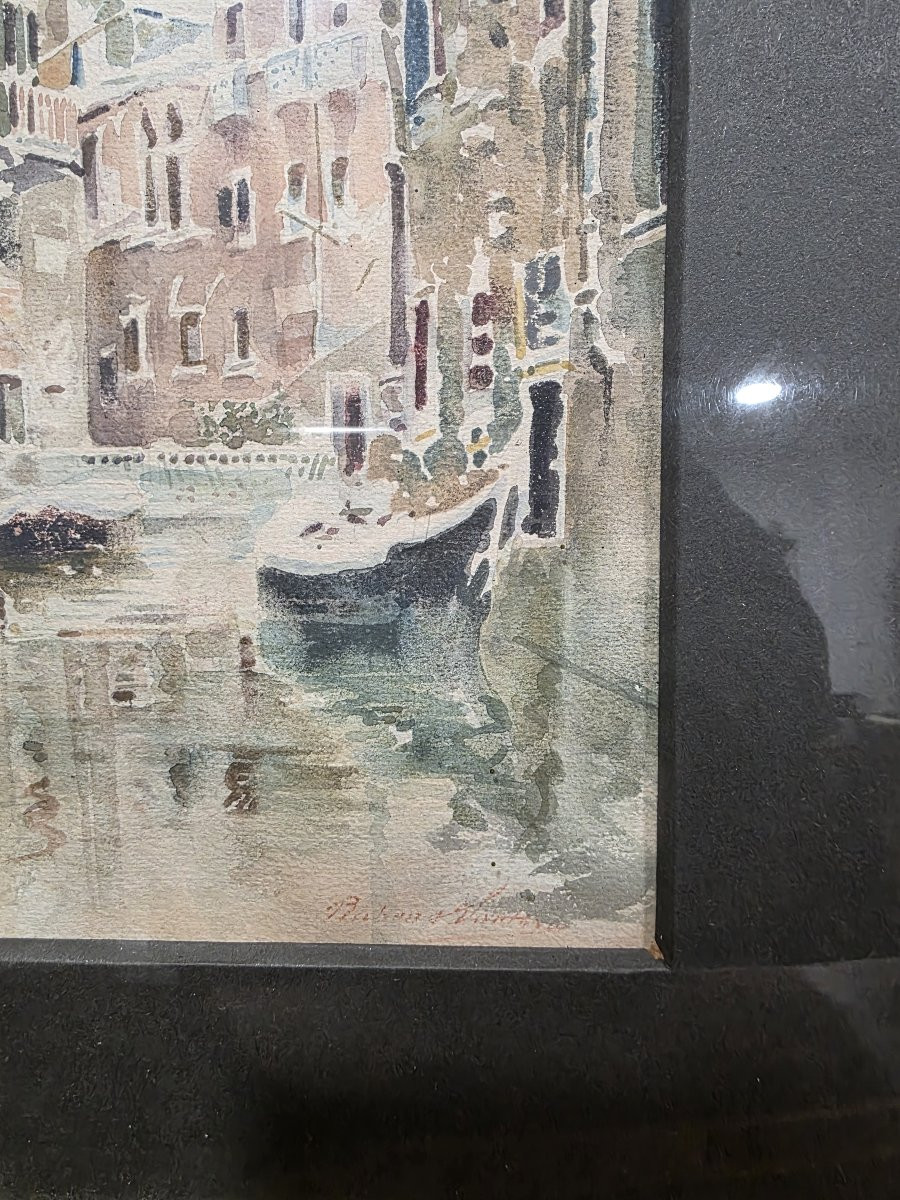 Watercolor Of A Venice Canal, Signed By Rubens Santoro, Early 20th Century-photo-1