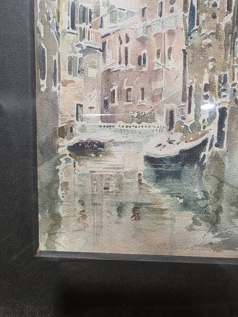 Watercolor Of A Venice Canal, Signed By Rubens Santoro, Early 20th Century-photo-2
