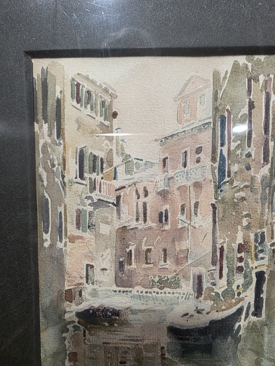 Watercolor Of A Venice Canal, Signed By Rubens Santoro, Early 20th Century-photo-3