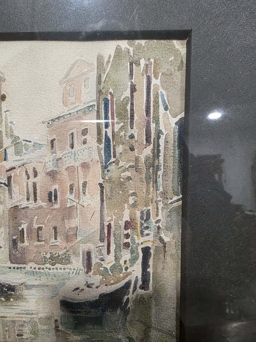 Watercolor Of A Venice Canal, Signed By Rubens Santoro, Early 20th Century-photo-4