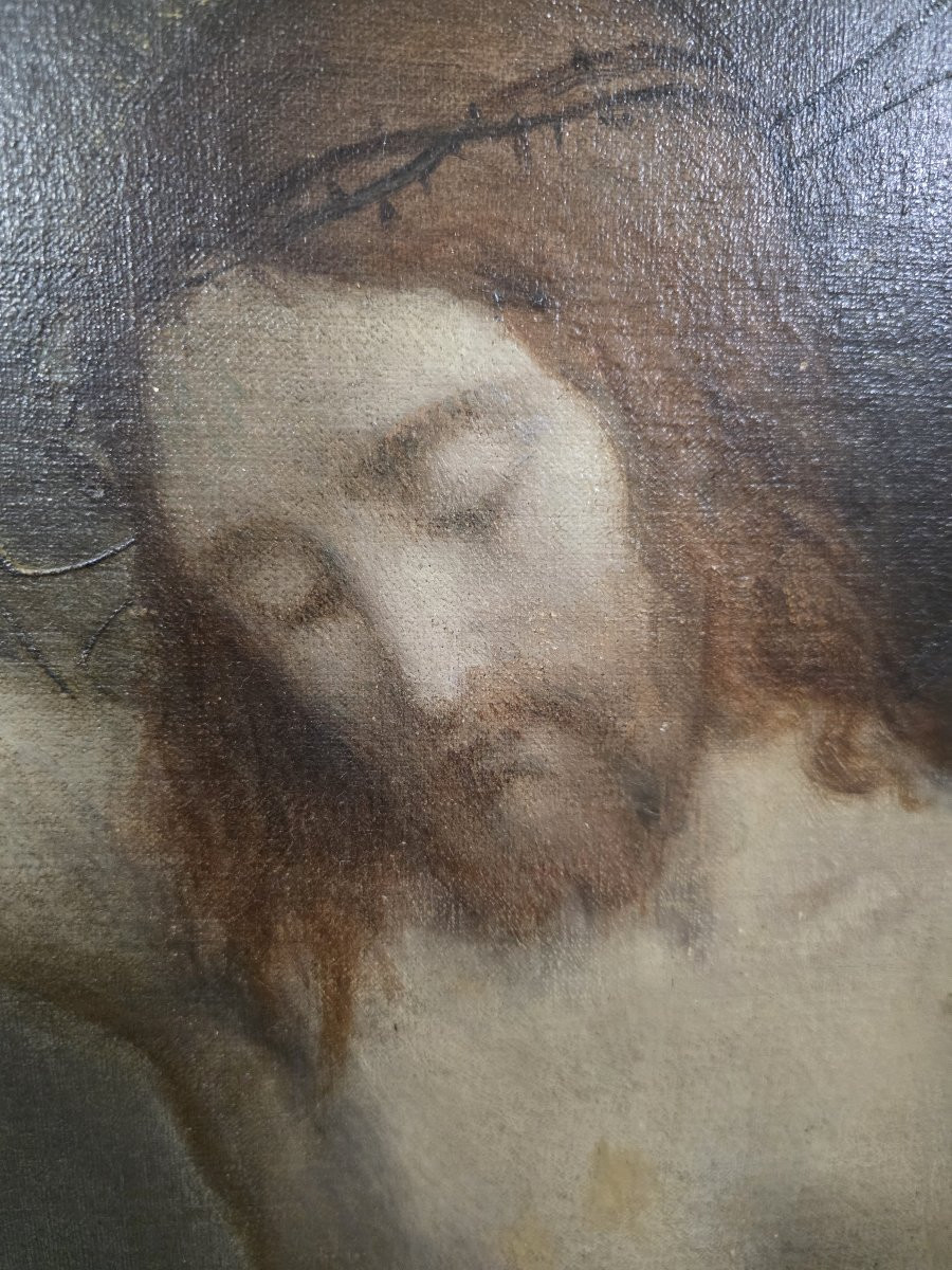 Huile sur toile représentant le Christ en croix. Fin du XVIIe siècle.-photo-2