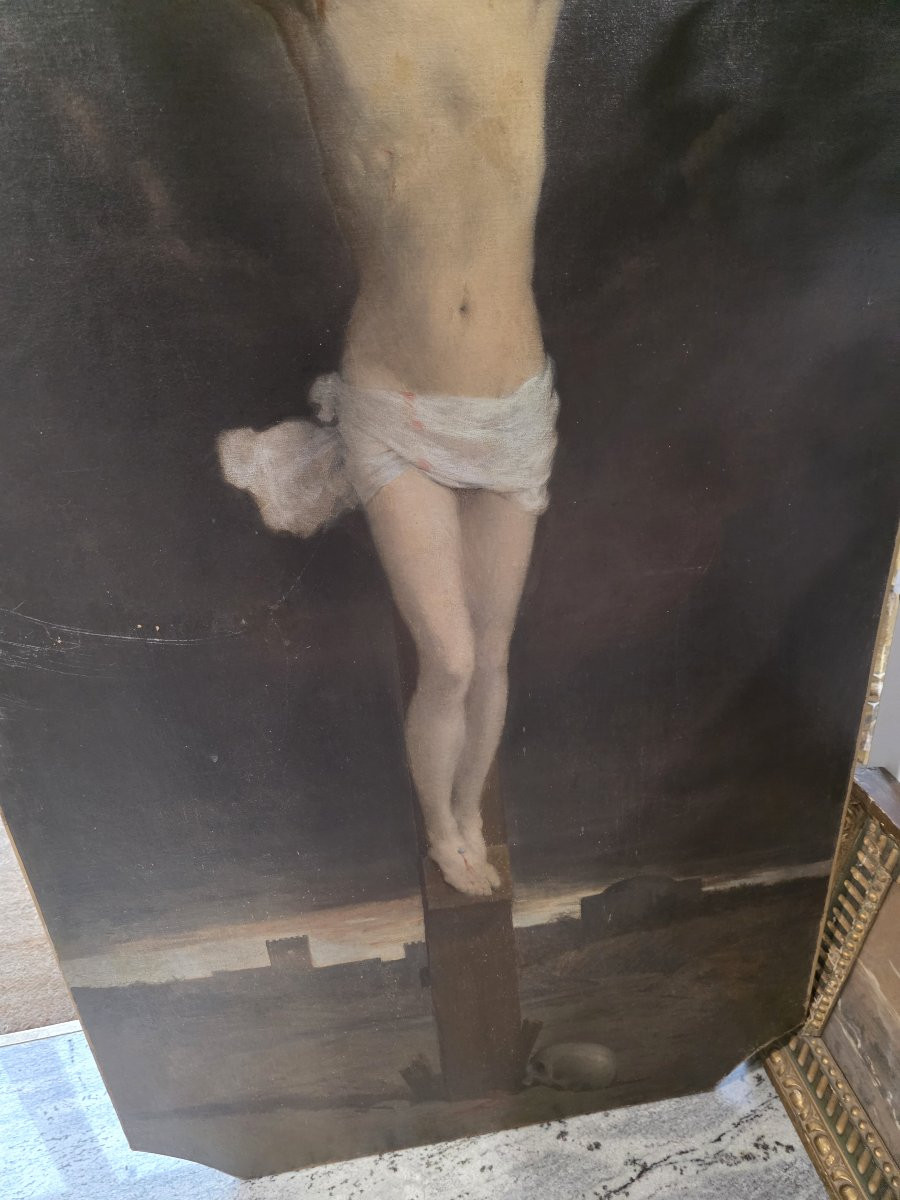 Huile sur toile représentant le Christ en croix. Fin du XVIIe siècle.-photo-3