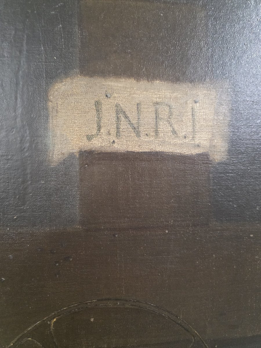 Huile sur toile représentant le Christ en croix. Fin du XVIIe siècle.-photo-2