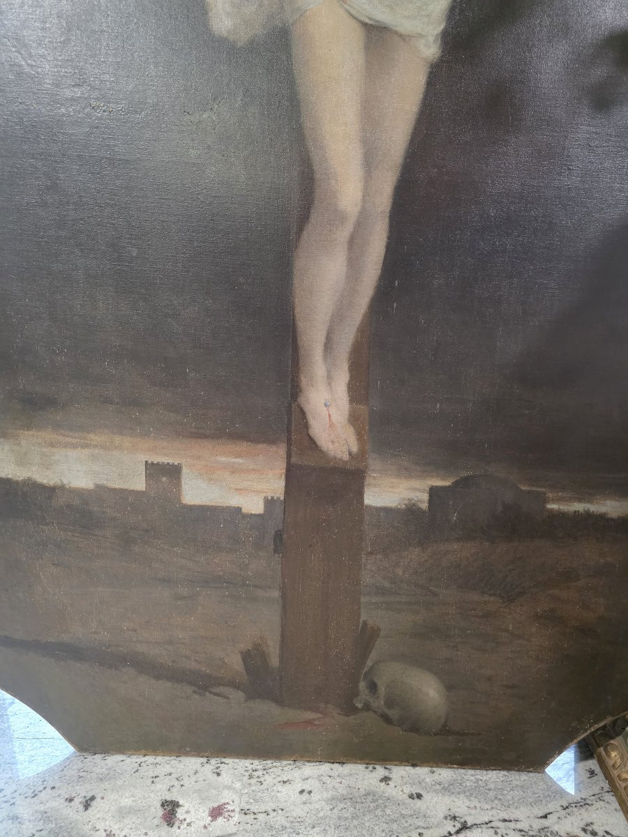 Huile sur toile représentant le Christ en croix. Fin du XVIIe siècle.-photo-5