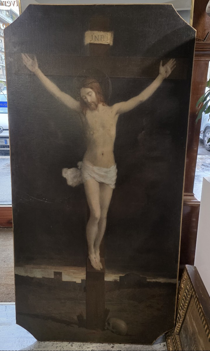 Huile sur toile représentant le Christ en croix. Fin du XVIIe siècle.