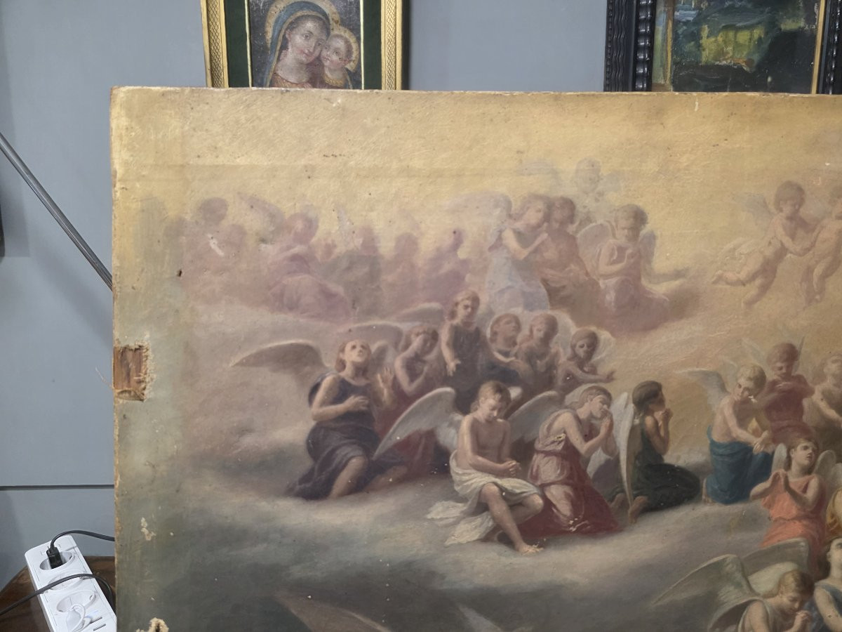 Oil On Canvas Sketch For The Fresco "angels In Adoration," Early 19th Century.-photo-3