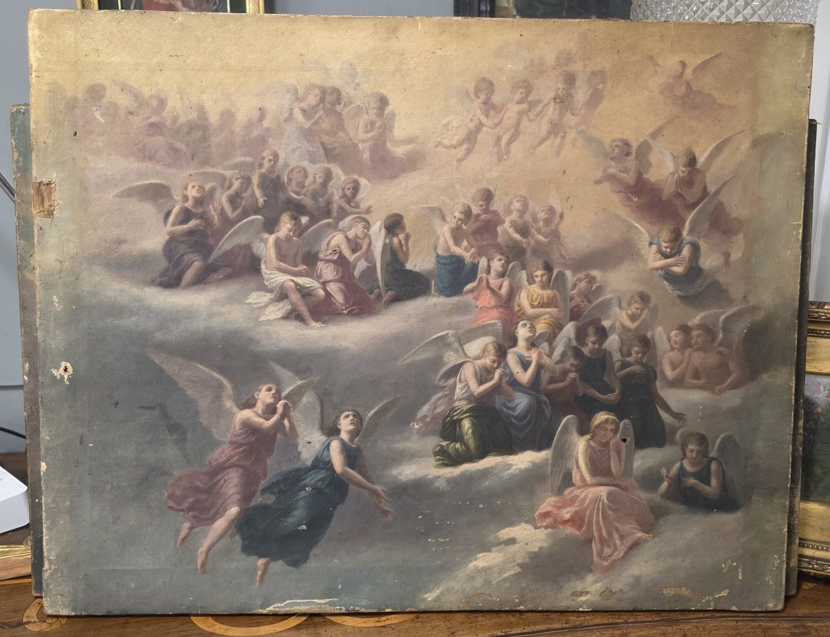 Oil On Canvas Sketch For The Fresco "angels In Adoration," Early 19th Century.