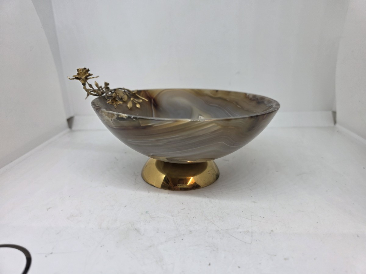 Agate Bowl On A Vermeil Silver Base And A Vermeil Silver Flower