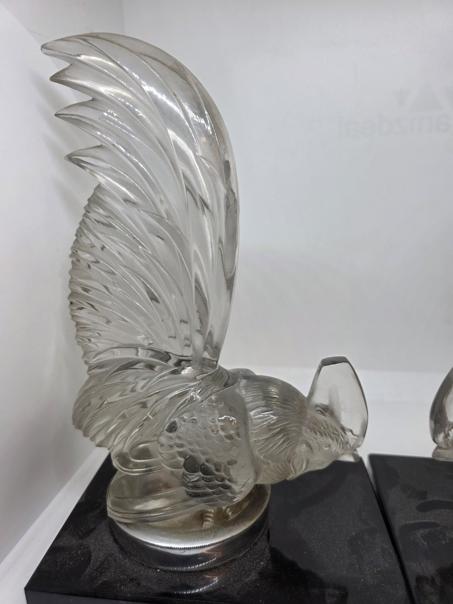 Pair Of Crystal Roosters By R. Lalique, Late 1920s-photo-1