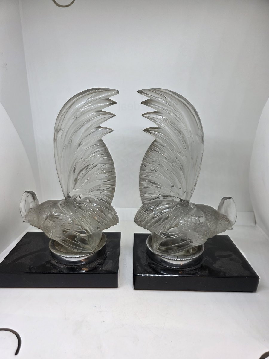 Pair Of Crystal Roosters By R. Lalique, Late 1920s-photo-6