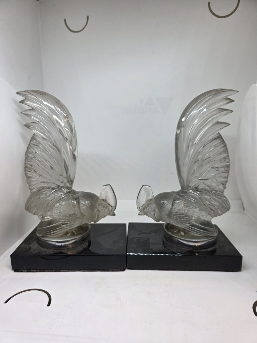 Pair Of Crystal Roosters By R. Lalique, Late 1920s