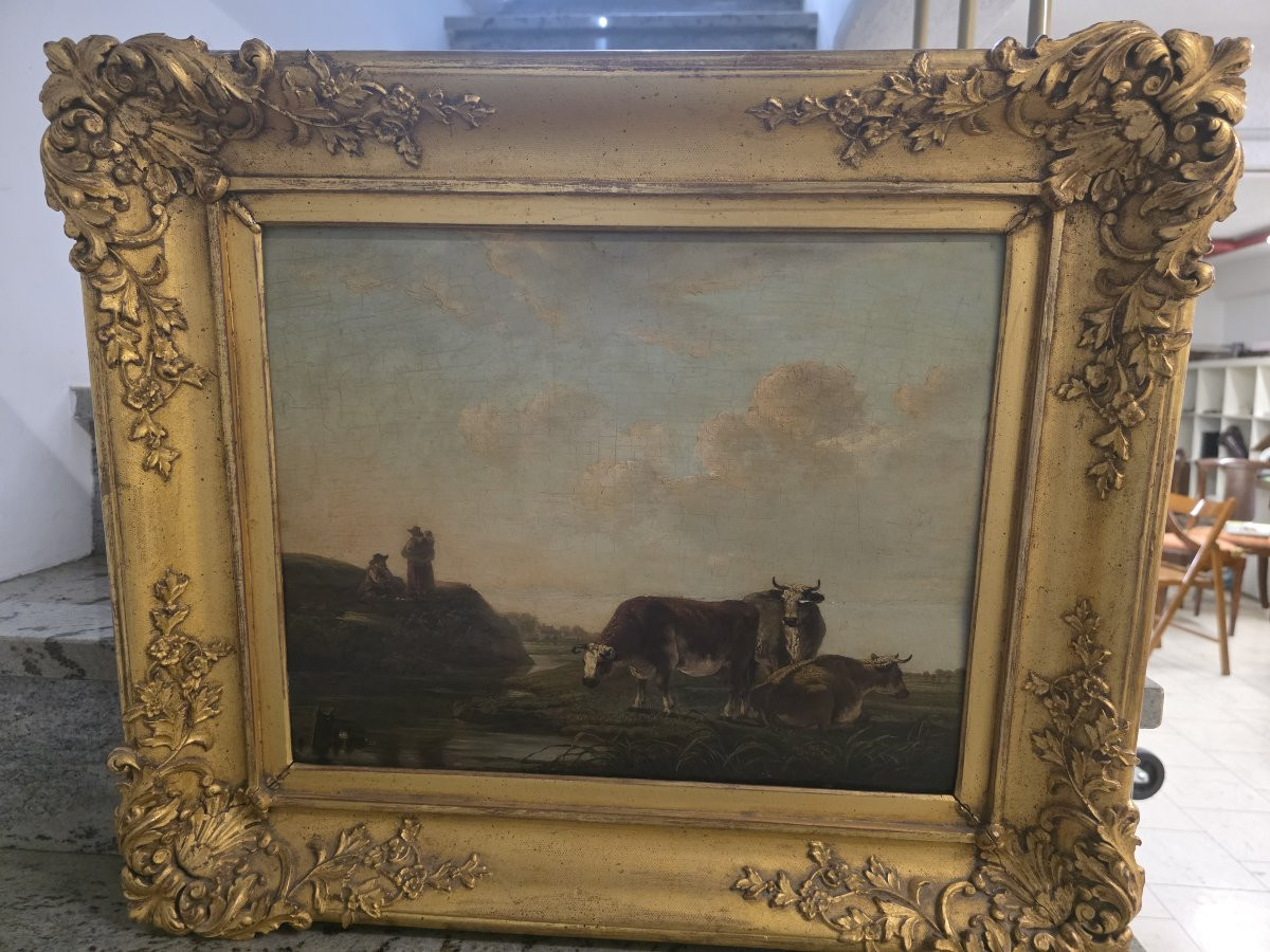 Huile sur panneau, paysage flamand avec vaches et paysans, milieu du XVIIe siècle.-photo-2