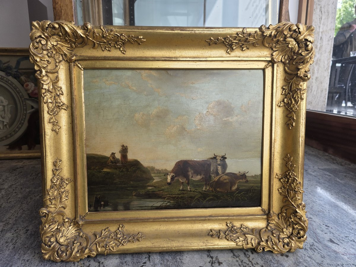 Huile sur panneau, paysage flamand avec vaches et paysans, milieu du XVIIe siècle.-photo-3