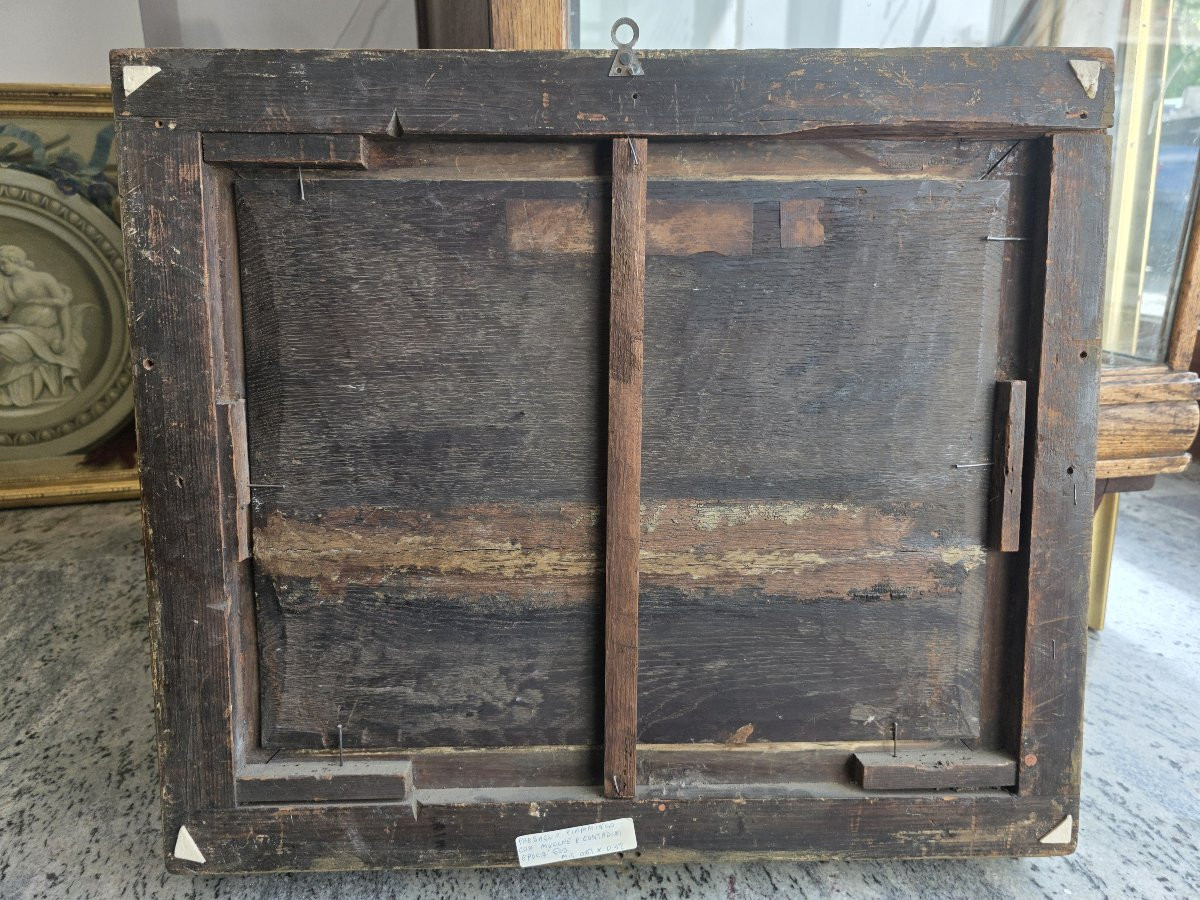 Huile sur panneau, paysage flamand avec vaches et paysans, milieu du XVIIe siècle.-photo-4