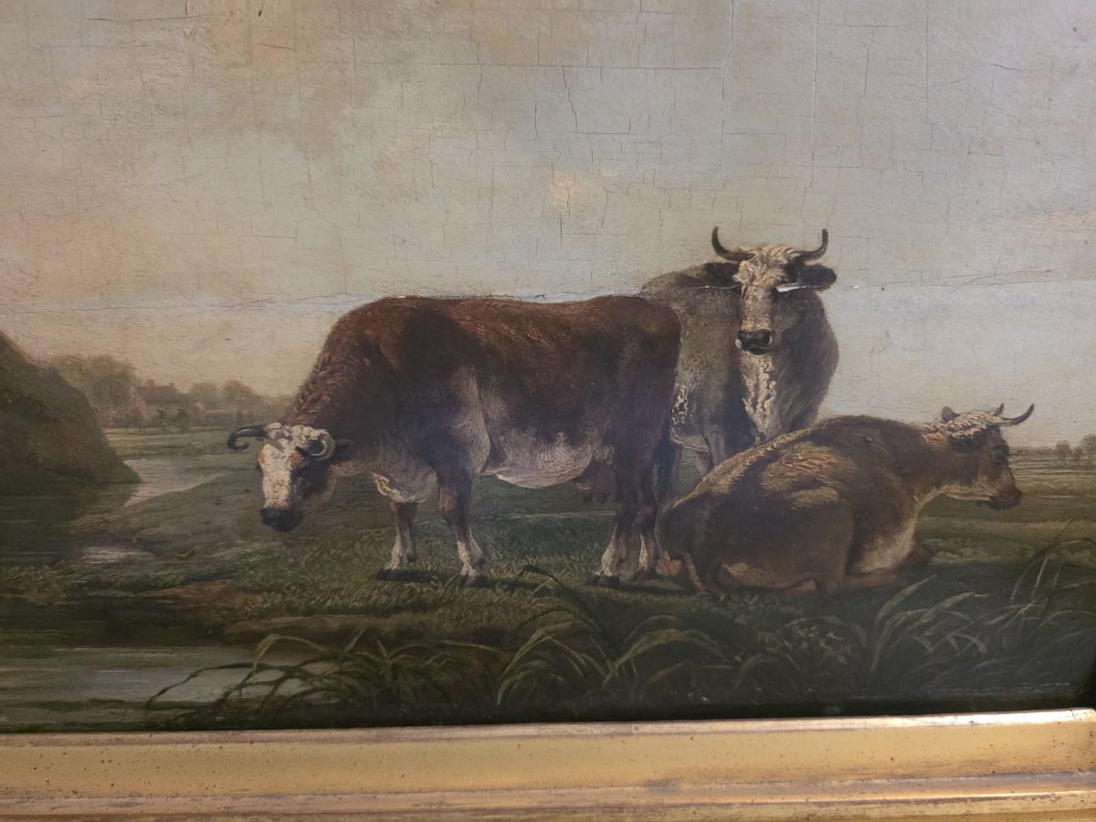 Huile sur panneau, paysage flamand avec vaches et paysans, milieu du XVIIe siècle.-photo-1
